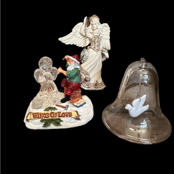 3 Vintage Avon Christmas Tree Ornaments Set, Angel w/Crystal, Glass Bell, Santa - Picture 2 of 10